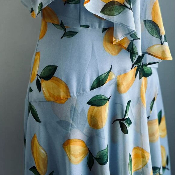 Melanie Lyne Icy Blue Lemon Print Asymmetrical Overlay Chiffon Maxi Dress – US 2 - Picture 12 of 15